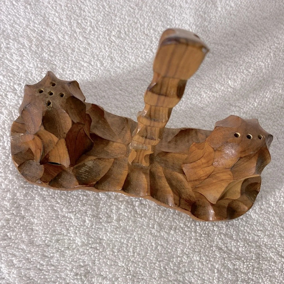 Vintage Hand Carved Wood Salt & Pepper Shakers With Carrier Stand - Picture 2 of 15